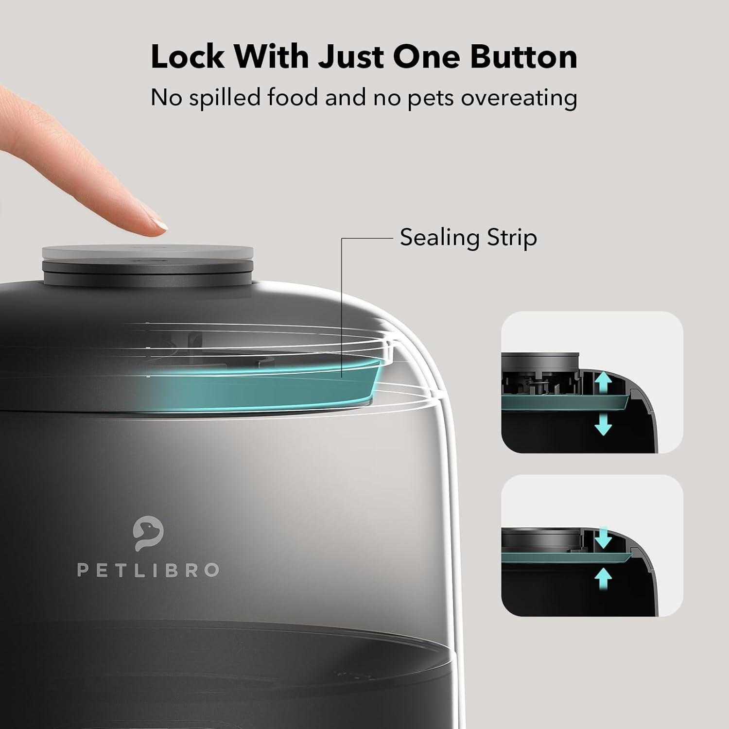 A black and clear pet food container with a hand pressing the locking button.