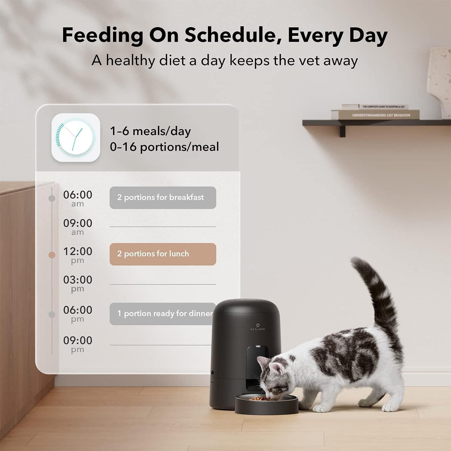 A cat eats from a black automatic feeder, with a feeding schedule displayed nearby.