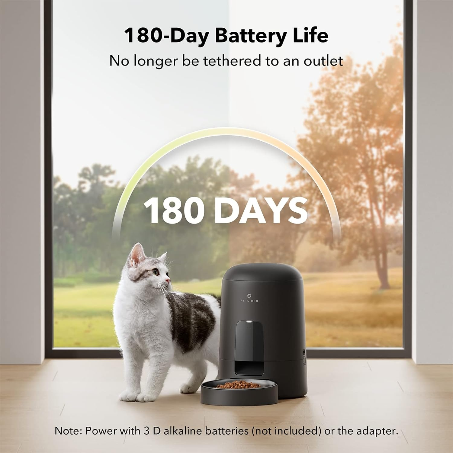 A cat and a black pet feeder in front of a window. Text says, 180-Day Battery Life. There is a half circle around 180 days.