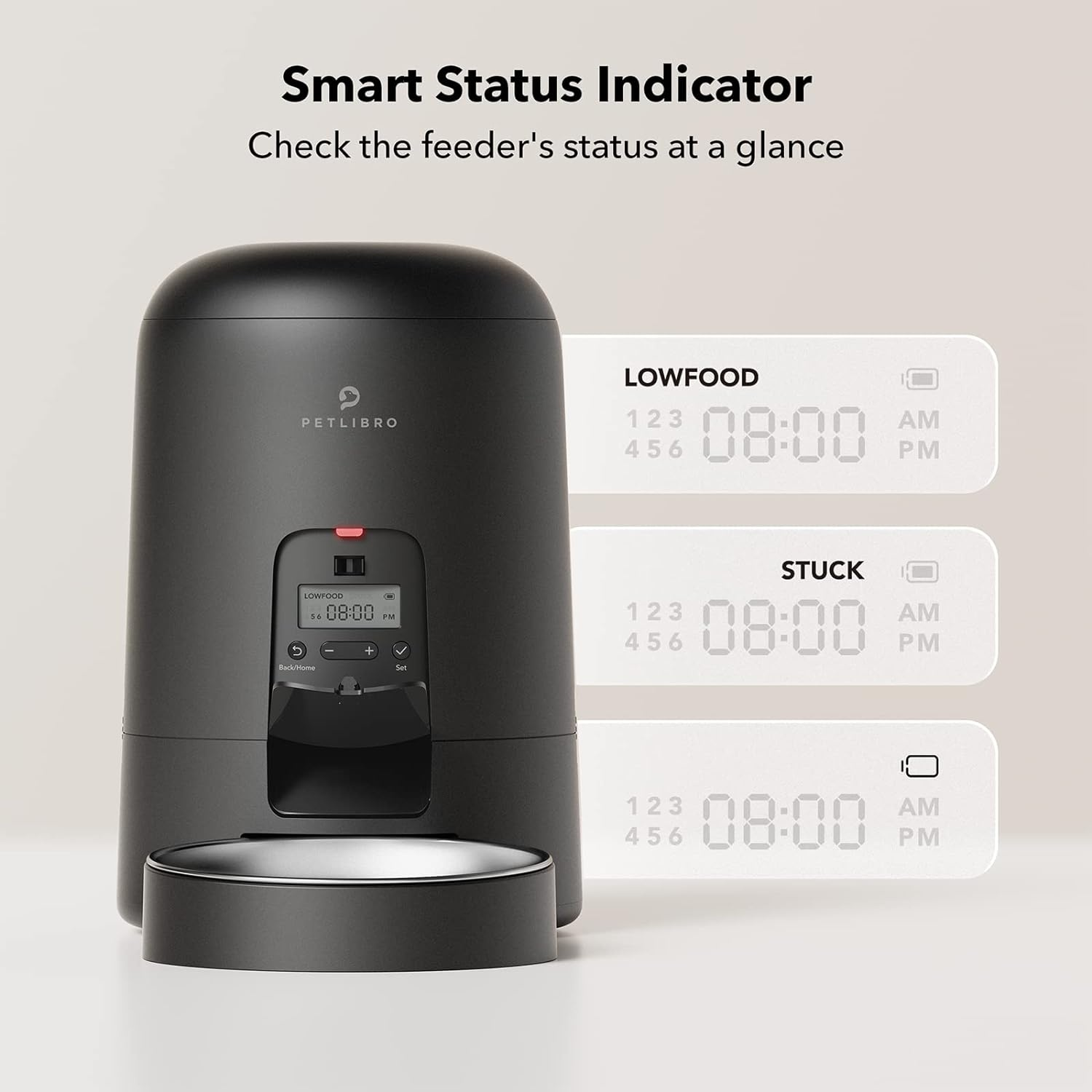 Black Petlibro feeder with a digital display showing low food.