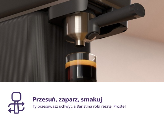 Zbliżenie ekspresu do kawy zaparzającego kawę do szklanki. Maszyna jest szara.