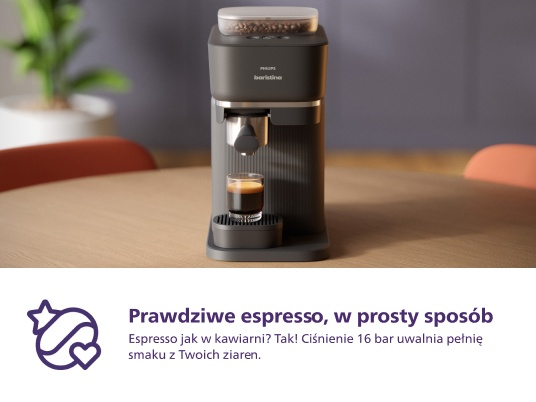 Ciemny ekspres do espresso z filiżanką espresso i tekstem po polsku. Ziarna kawy na górze.