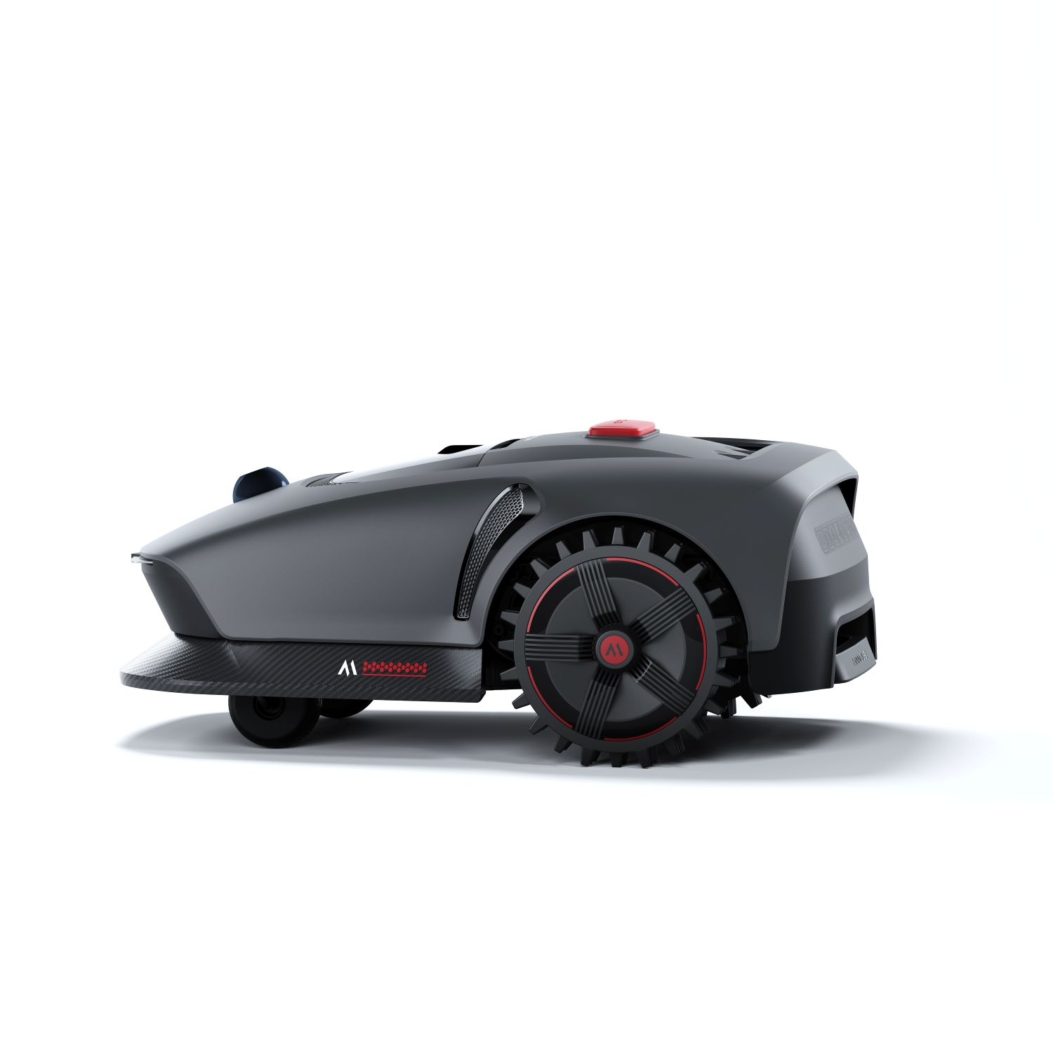 Een grijze robotmaaier met rode en zwarte details, op een witte achtergrond.