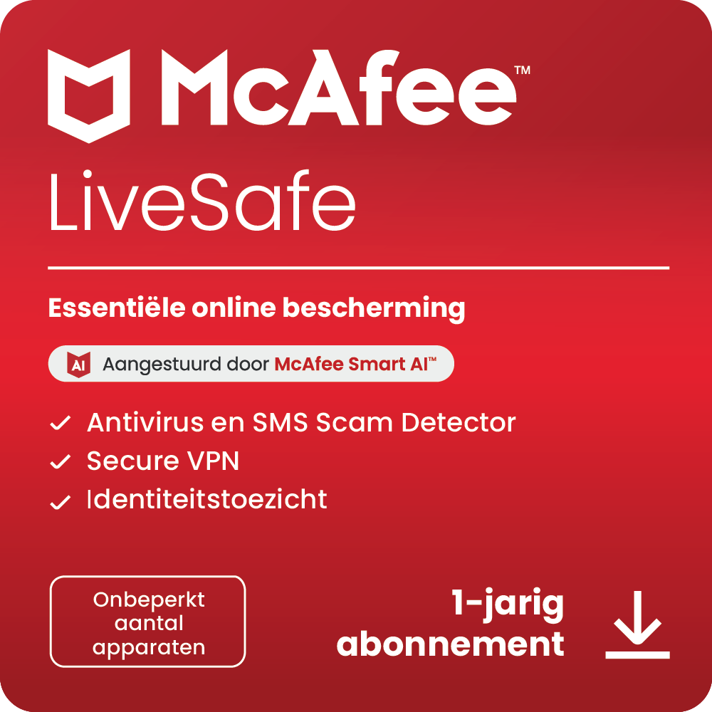 McAfee LiveSafe ad. Red background with logo, text, and checkmarks indicating features.