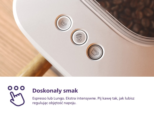 Zbliżenie przycisków sterowania ekspresu do kawy. Widoczne są trzy przyciski. Tekst mówi: Espresso lub Lungo.