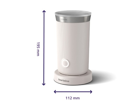 Biały ekspres do kawy z wyświetlonymi wymiarami. Ma 195 mm wysokości i 112 mm szerokości.