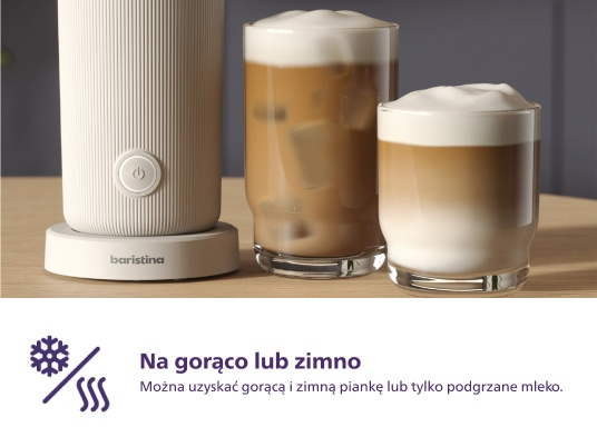 Ekspres do kawy z dwoma szklankami kawy. Jedna ma lód, a druga pianę. Tekst mówi: Gorąca lub zimna.