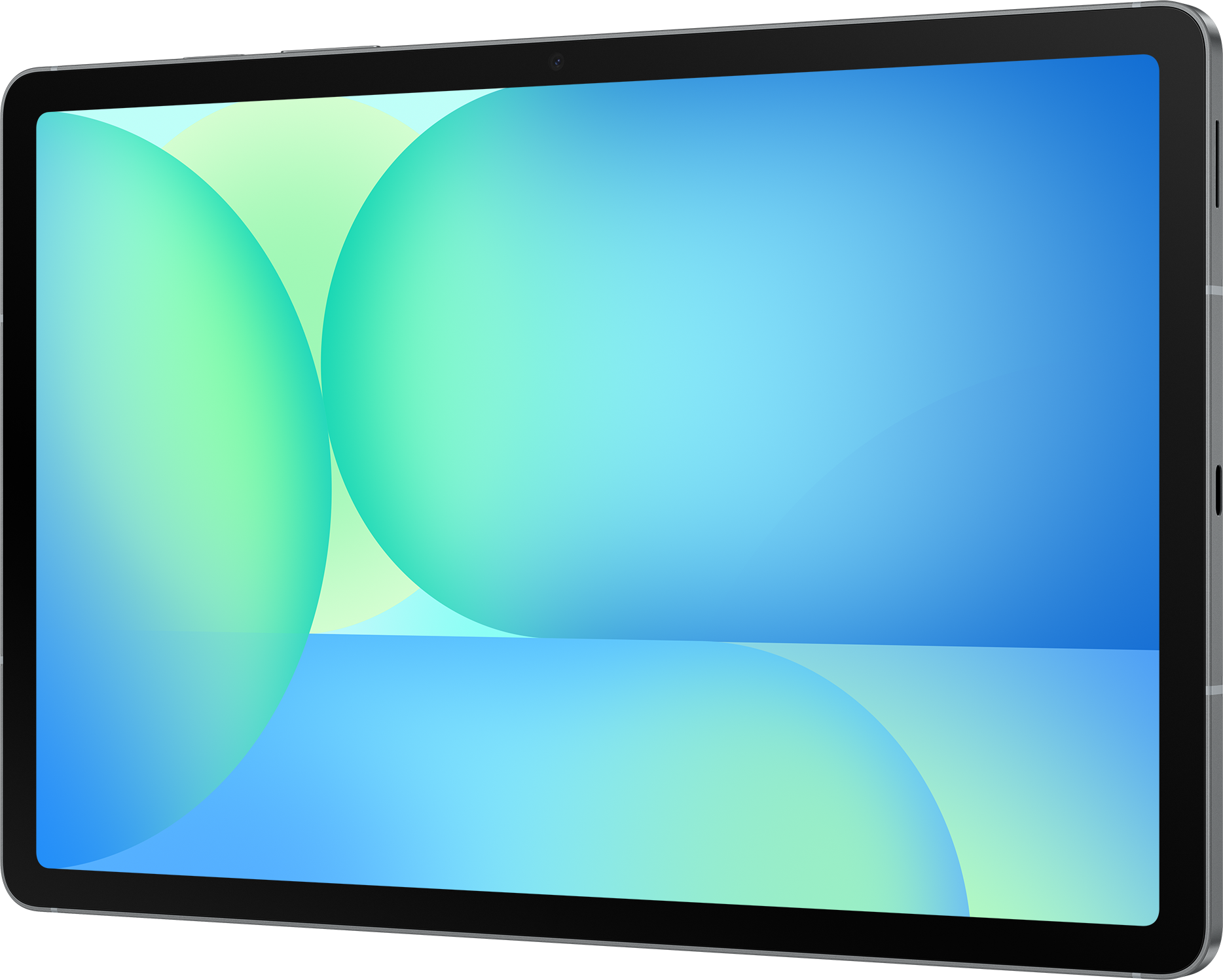 Tablet képernyő, kék és zöld absztrakt design, fekete keret.