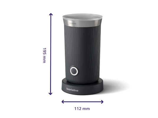 Czarny i srebrny spieniacz do mleka z podstawą i miarkami na boku.