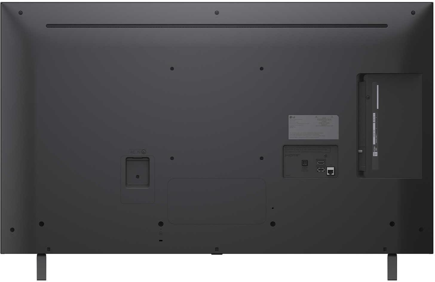 Rückseite eines dunkelgrauen LG Fernsehers. Mehrere Anschlüsse, Etiketten und zwei Beine. Aufkleber sichtbar.