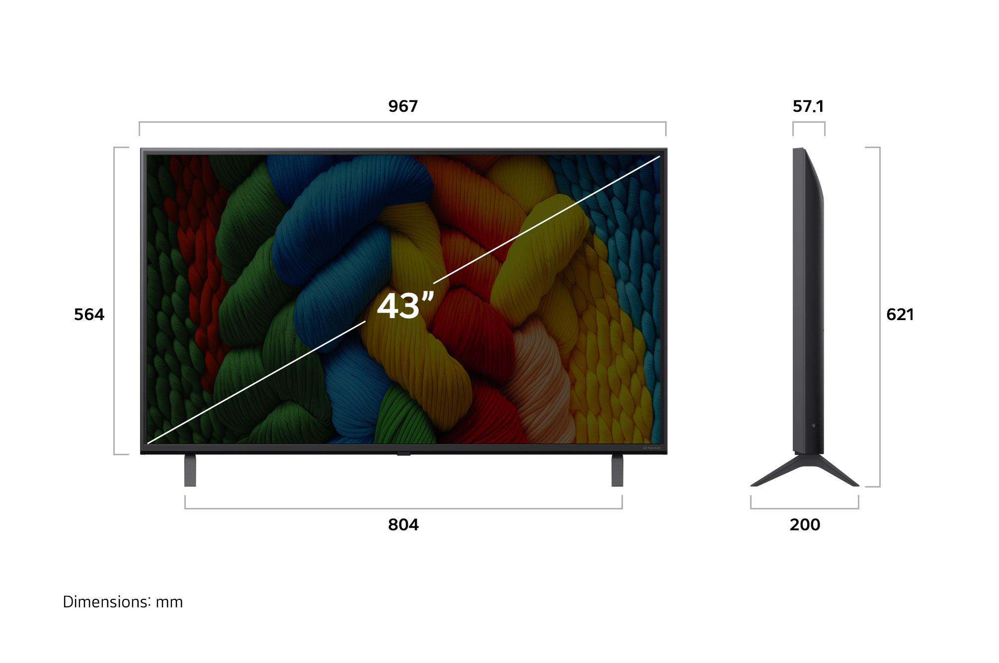43-Zoll-Fernseher mit farbigem Objekt, Maßen und Messungen.