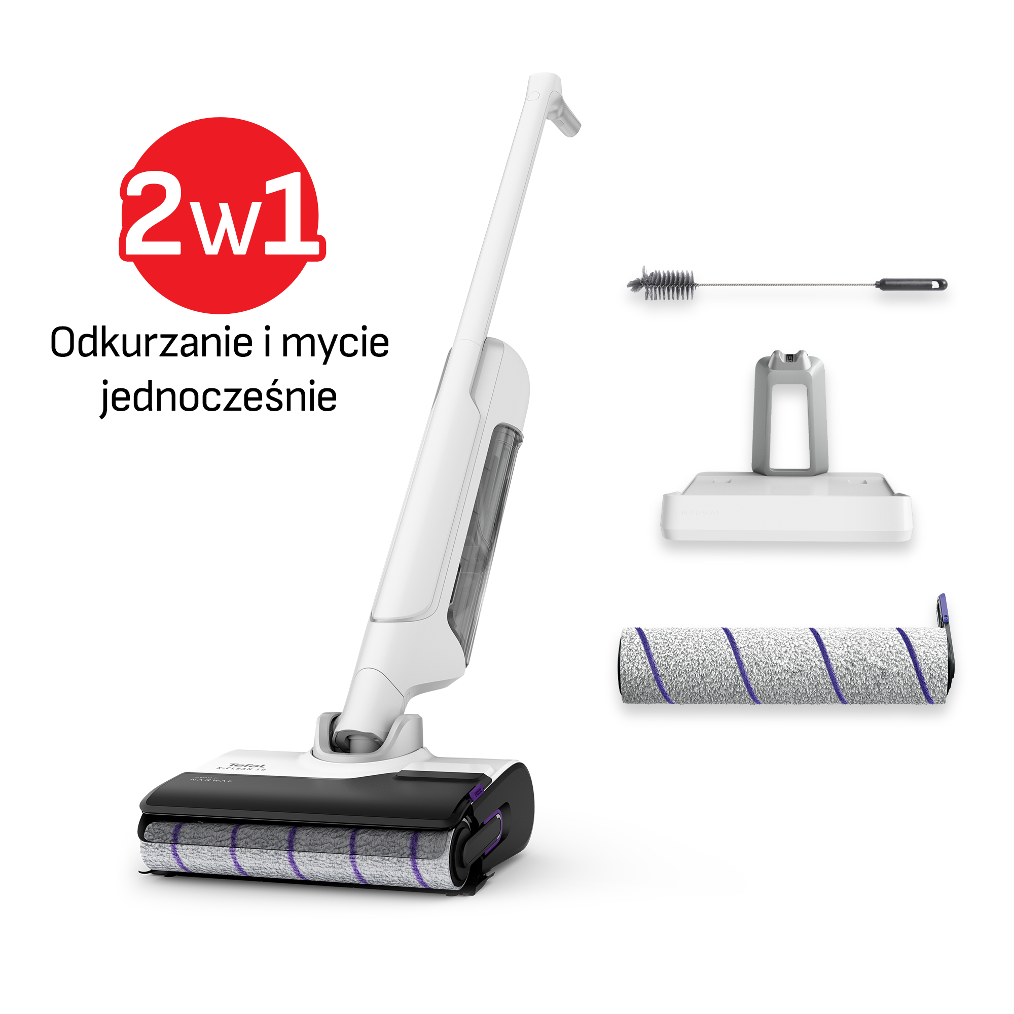 Biało-czarny bezprzewodowy odkurzacz z akcesoriami na białej powierzchni.