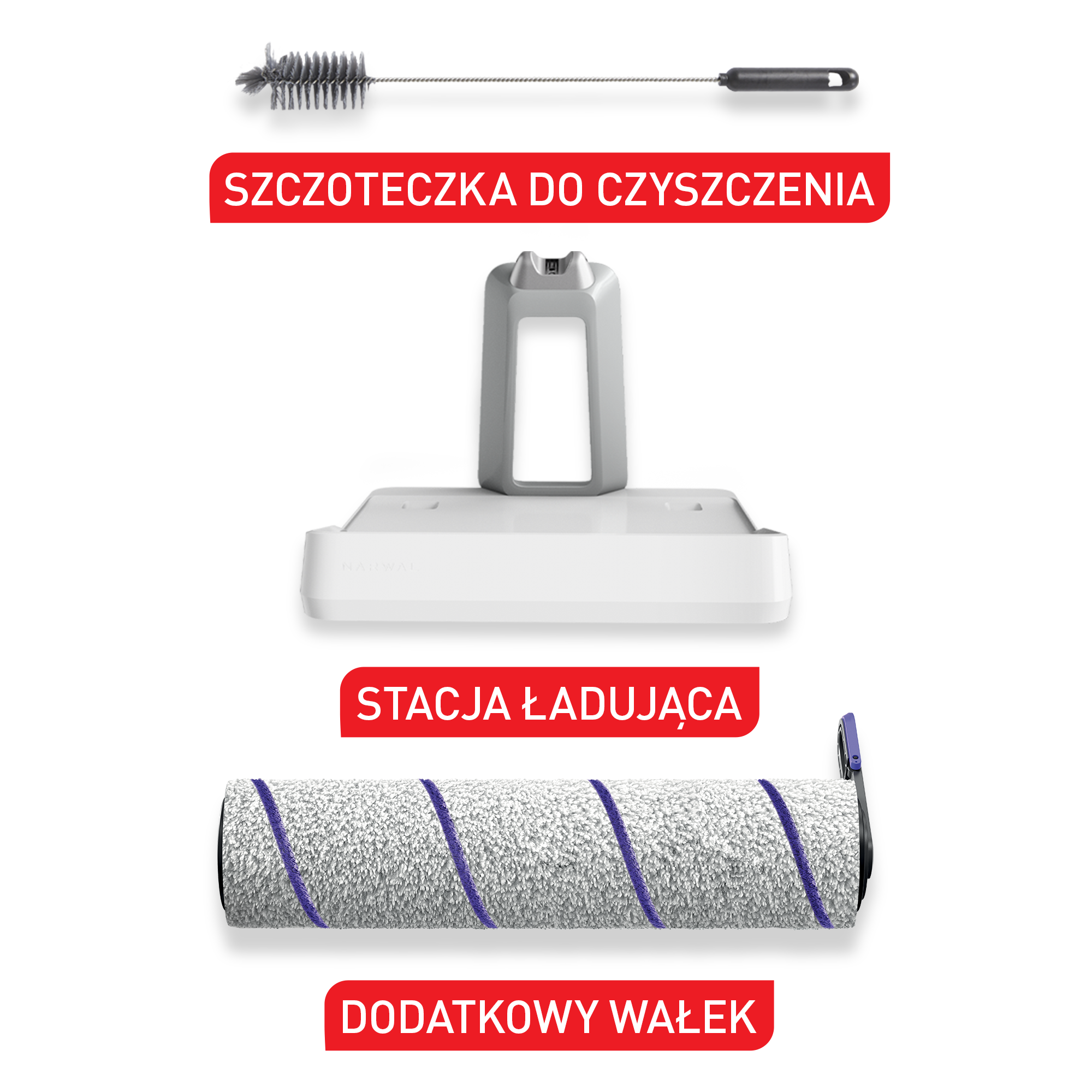 Dwa białe roboty odkurzające z niebieską i pomarańczową poświatą.