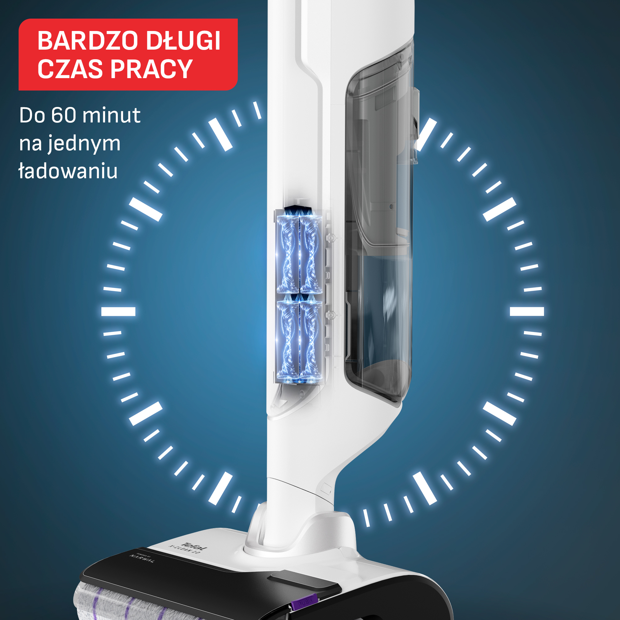 Odkurzacz z tarczą wokół niego, tekst: "do 60 minut na jednym ładowaniu".