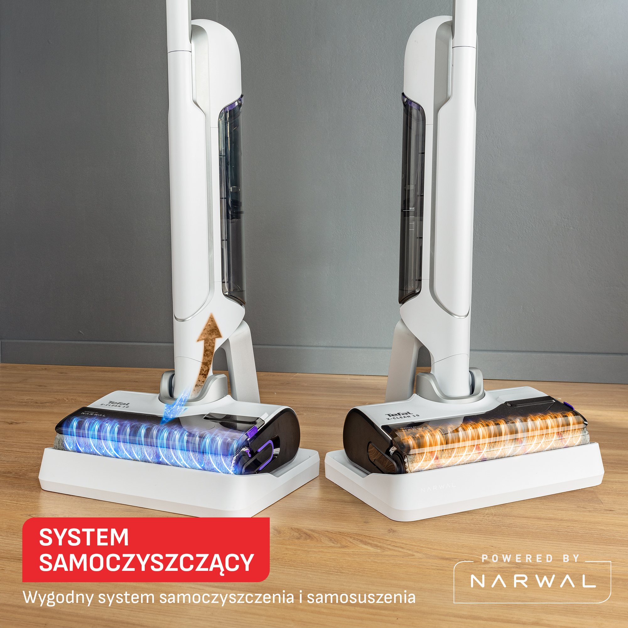 Kobieta odkurzająca podłogę białym odkurzaczem.