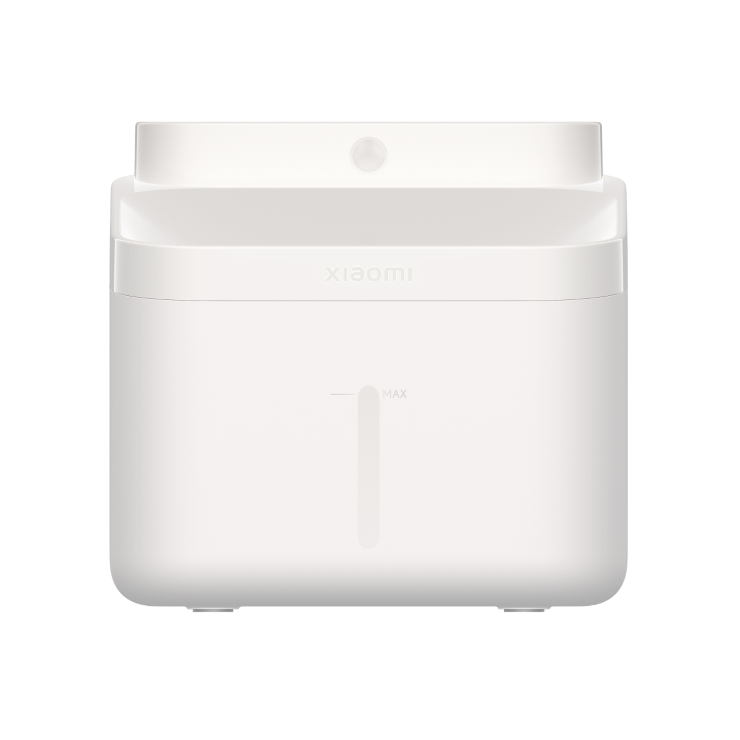 Humidificateur Xiaomi blanc. Forme rectangulaire avec indicateur de niveau d'eau et le logo Xiaomi.