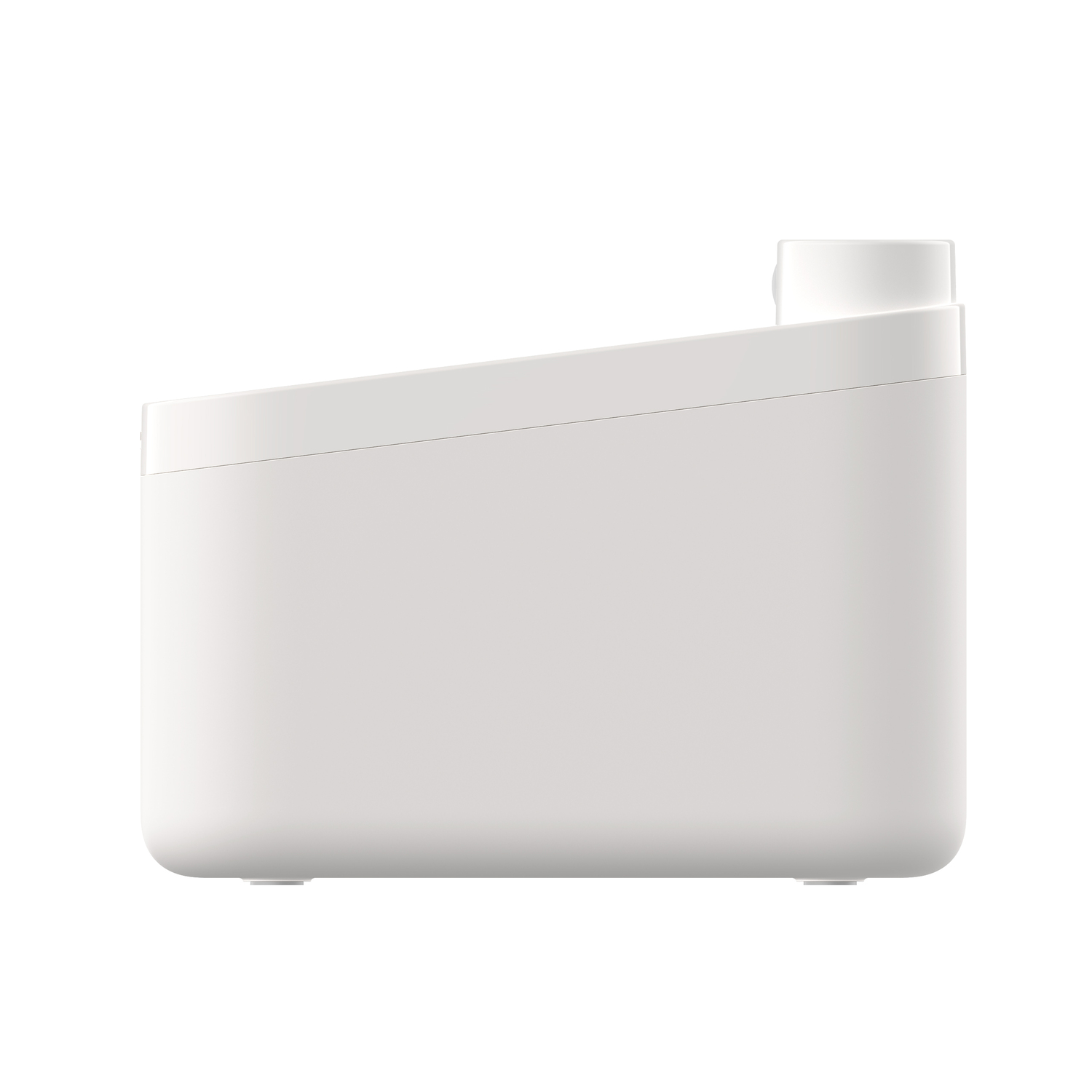 Un appareil blanc, rectangulaire avec un dessus cylindrique. C'est un design blanc simple sur fond blanc.