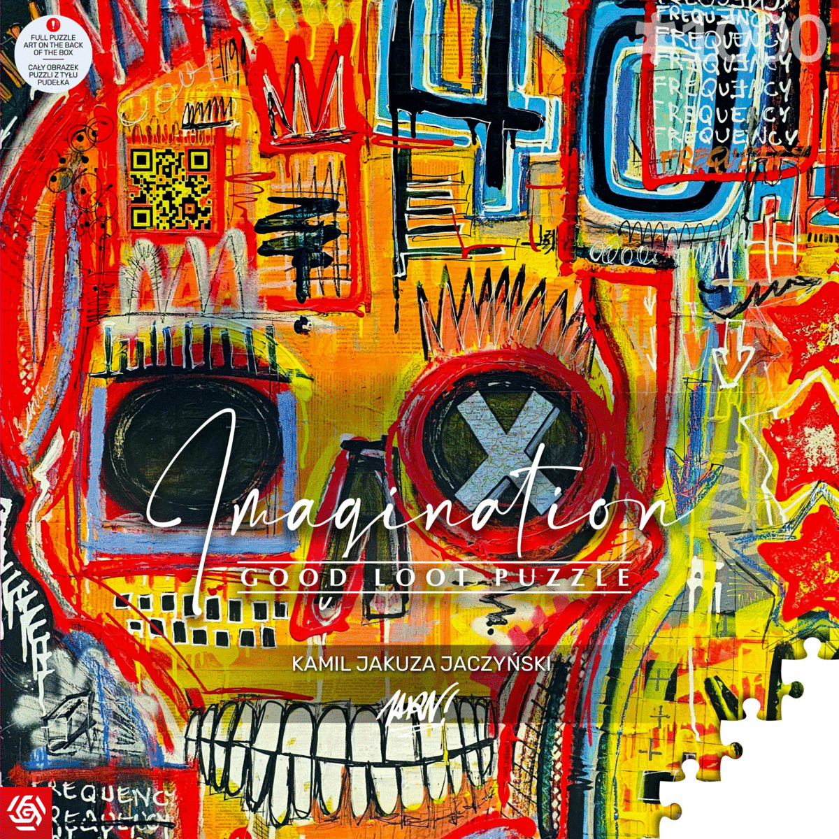 Pudełko z puzzlami Good Loot z ilustracją czaszki i sztuką abstrakcyjną.