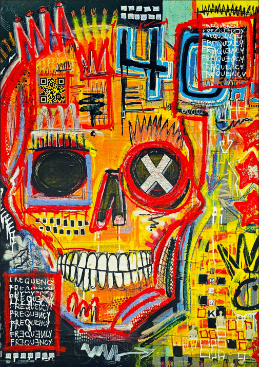 Abstrakcyjny obraz czaszki z żywymi kolorami i elementami graffiti.