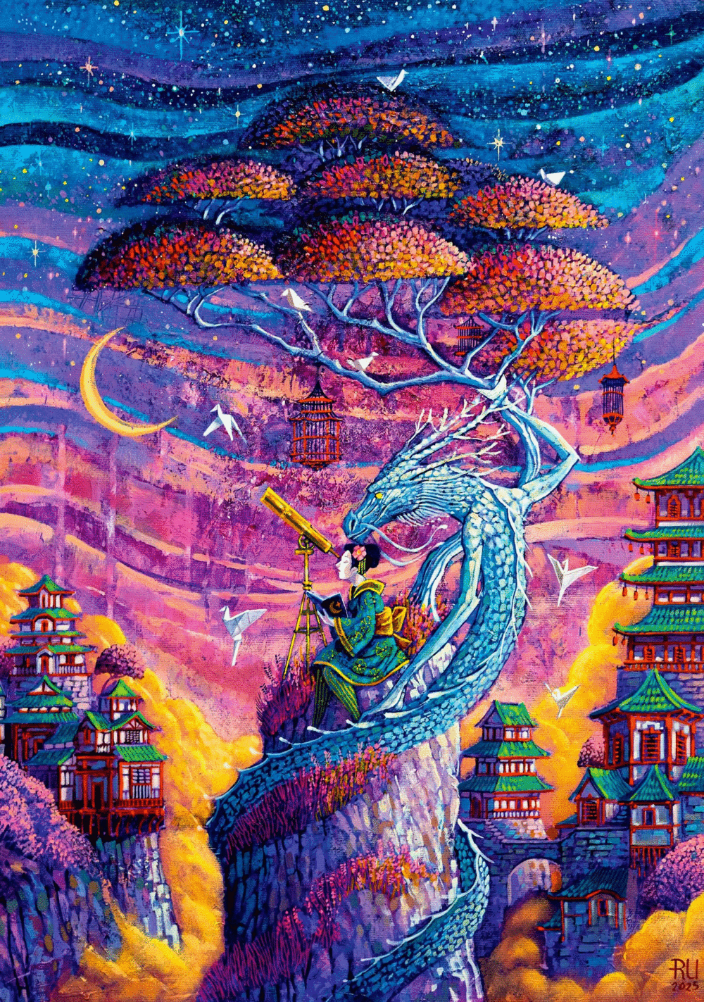 Żywy obraz drzewa, smoka i pagód na tle gwieździstego nocnego nieba.