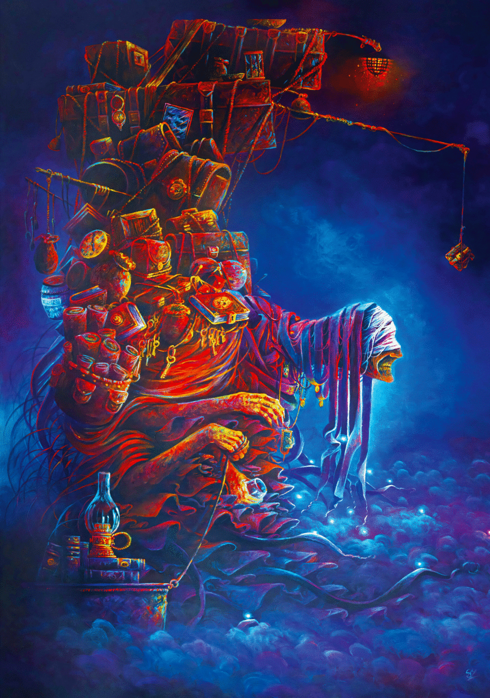 Kolorowy surrealistyczny obraz postaci w szacie z czaszką, z wieloma przedmiotami na głowie.