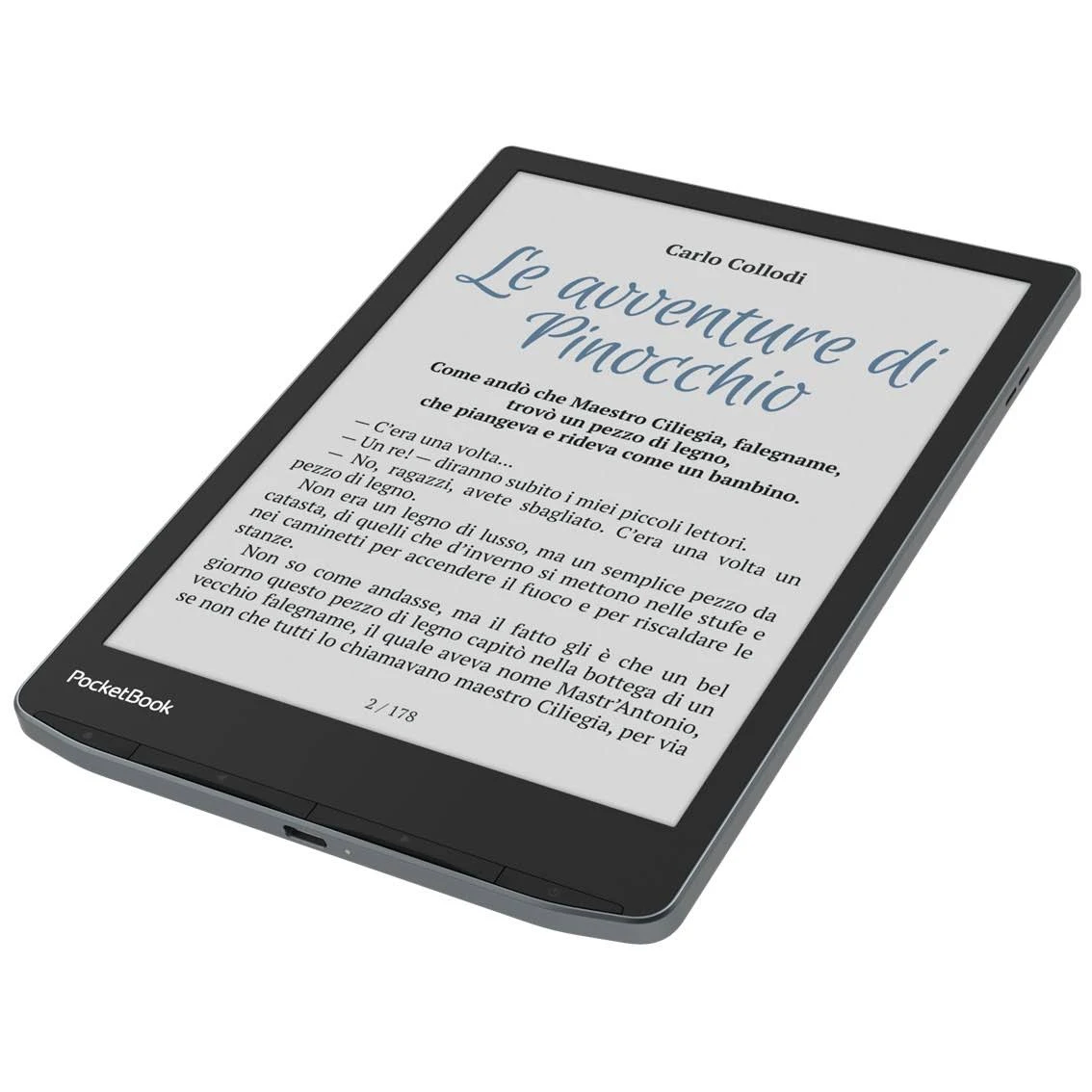 Libro abierto en fondo blanco, título 'Le avventure di Pinocchio', texto italiano.