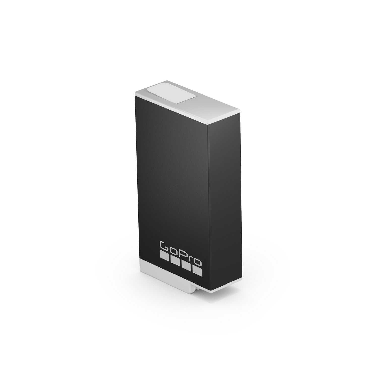 Accesorio GoPro negro. Forma rectangular con parte superior e inferior blancas. Logotipo de GoPro blanco en la parte delantera.