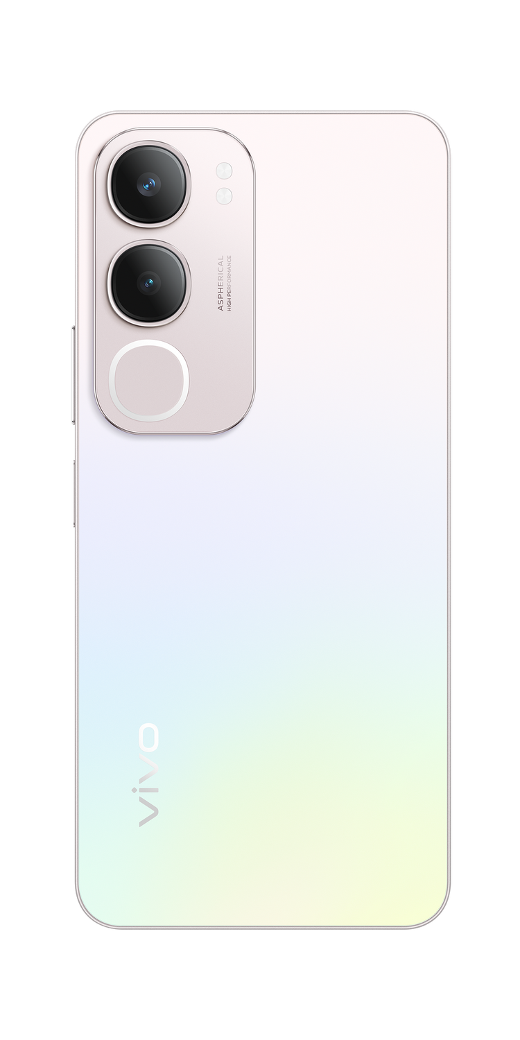 Parte trasera de un smartphone blanco con tres cámaras y el logo 'vivo'.