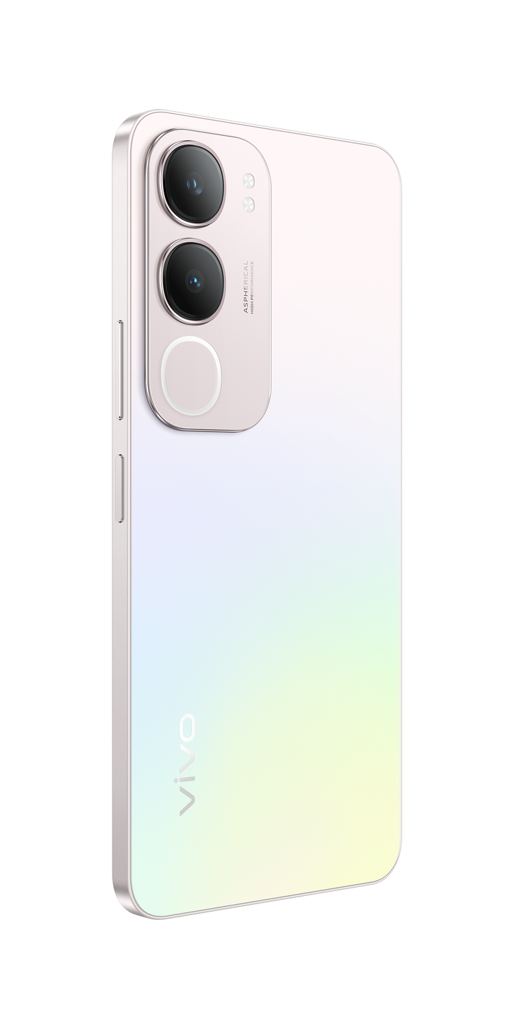 Un smartphone Vivo blanco, tres cámaras, con degradado trasero.