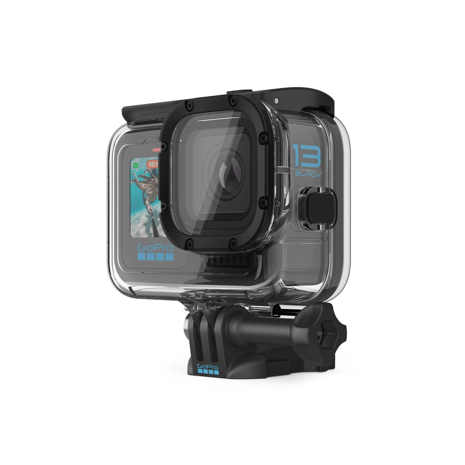 Cámara de acción GoPro 13 Black en una carcasa impermeable. Carcasa negra y transparente con una pantalla que muestra imágenes submarinas. Logotipo de GoPro visible.