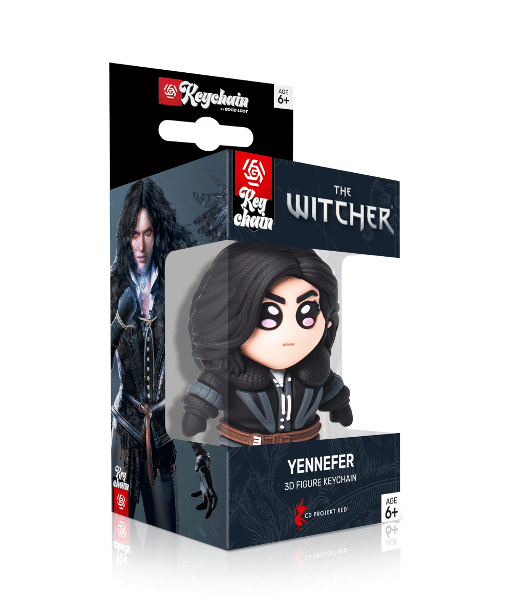 Brelok z figurką Yennefer w pudełku. Widoczne logo Wiedźmina.