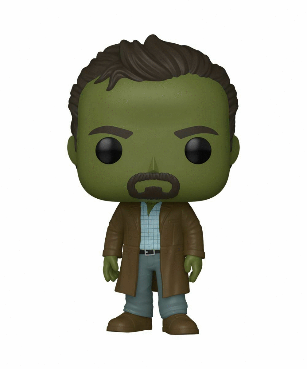 Figurka Funko Pop zielonoskórego mężczyzny w brązowym płaszczu. To Hulk.