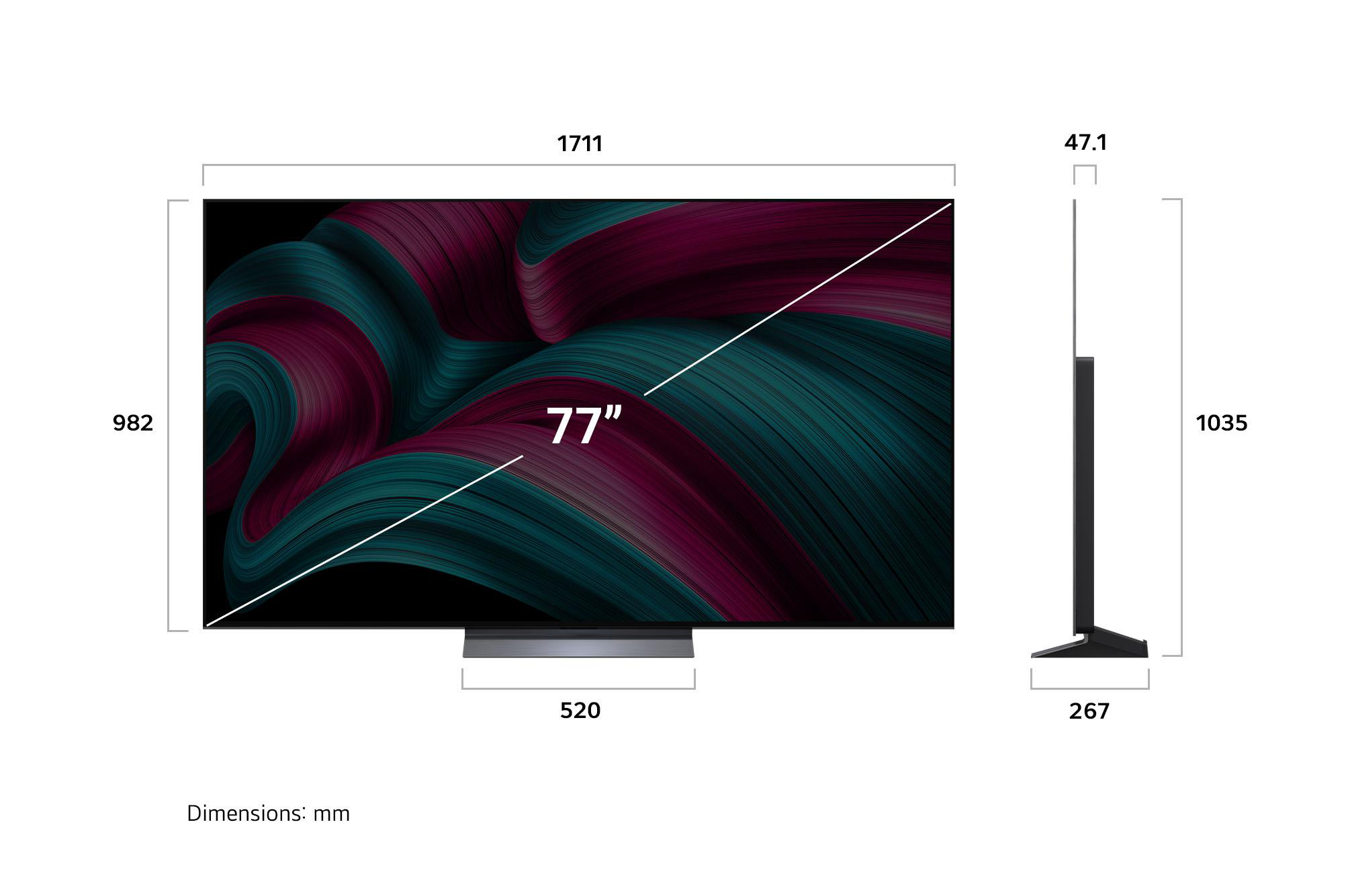 Ein Fernseher mit einem Bildschirm, der ein farbenfrohes abstraktes Design anzeigt, mit überlagerten Abmessungen.