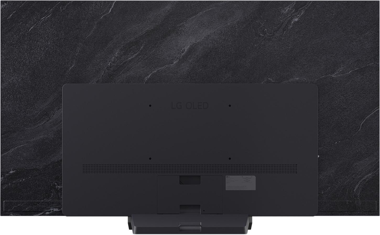 Schwarze TV-Rückseite, mit LG OLED-Logo, dunkler strukturierter Hintergrund.