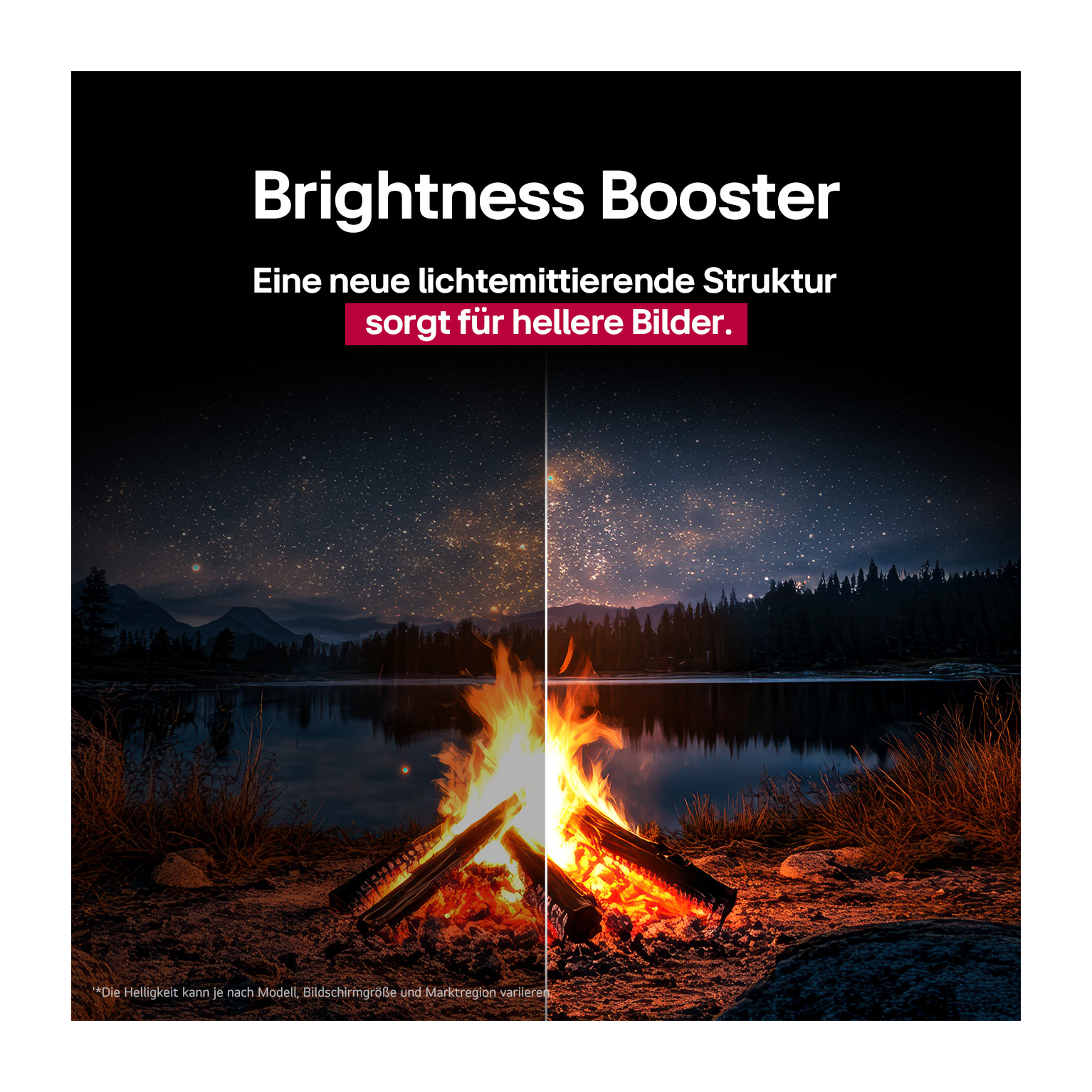 Geteilter Bildschirm. Eine Seite zeigt Sternenhimmel und Wasser. Die andere zeigt ein Lagerfeuer. Text: Helligkeits-Booster.