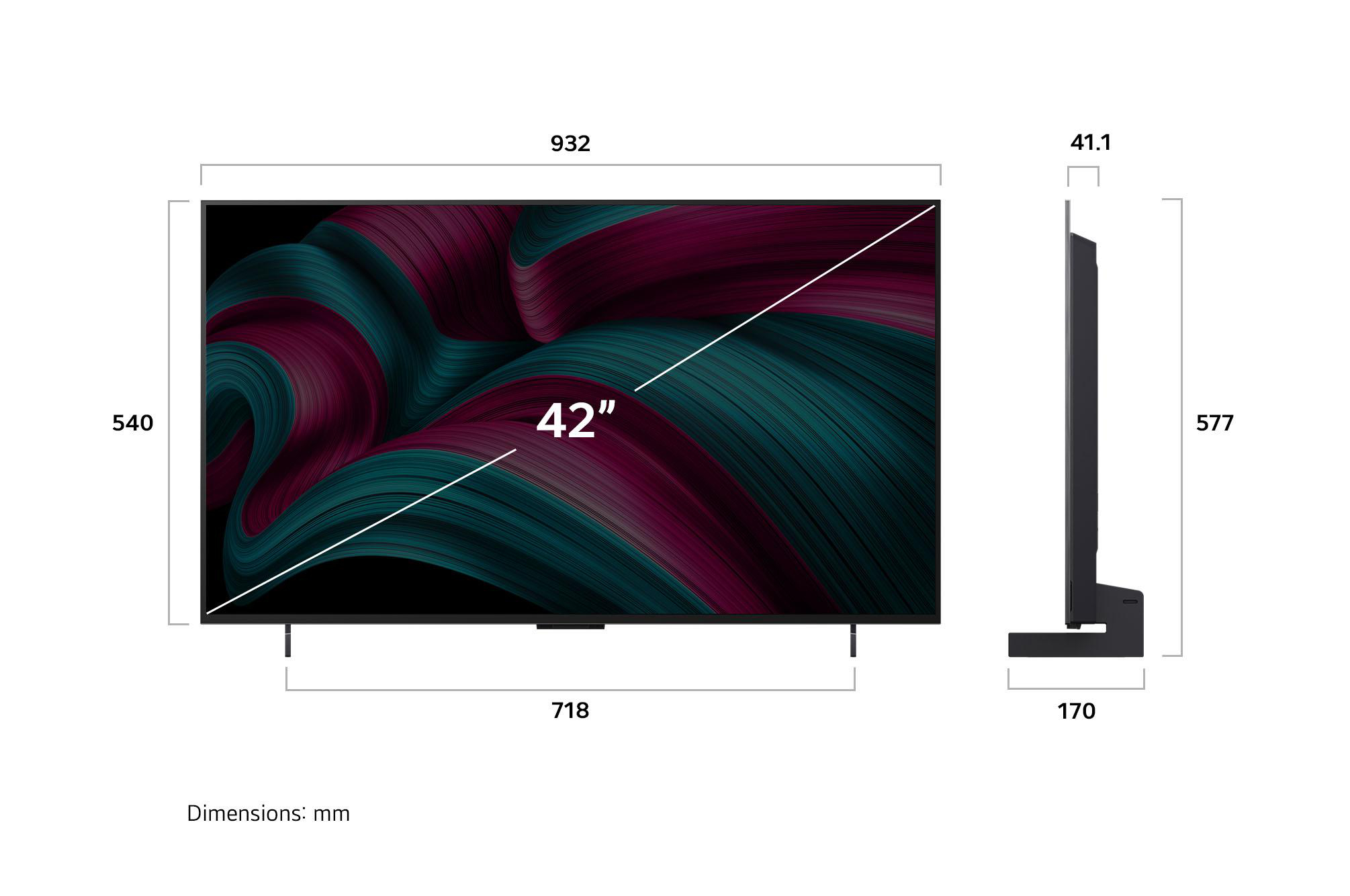 42-Zoll-Fernseher mit Abmessungen: 718x540mm, Tiefe 41,1mm, Höhe 577mm, und Fußtiefe 170mm.