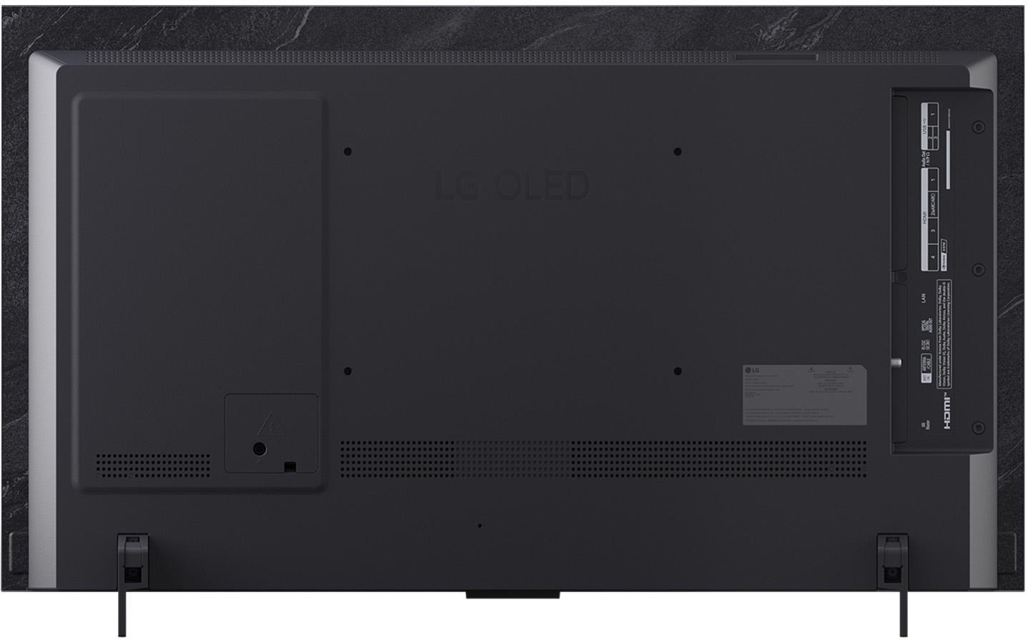 Rückseite eines schwarzen LG OLED-Fernsehers mit Anschlüssen und Füßen.
