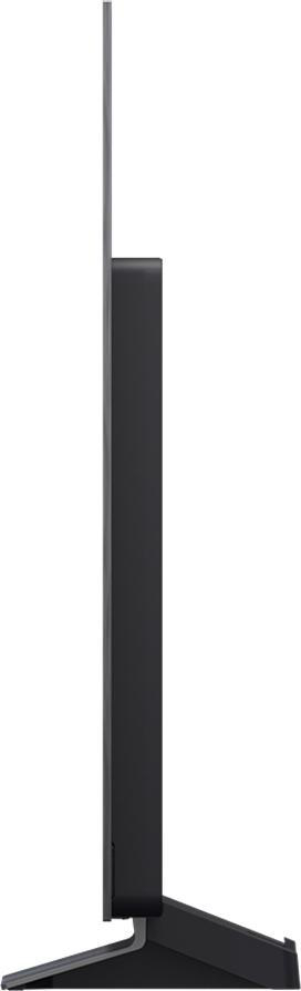 Seitenansicht eines schwarzen Fernsehers mit Ständer.