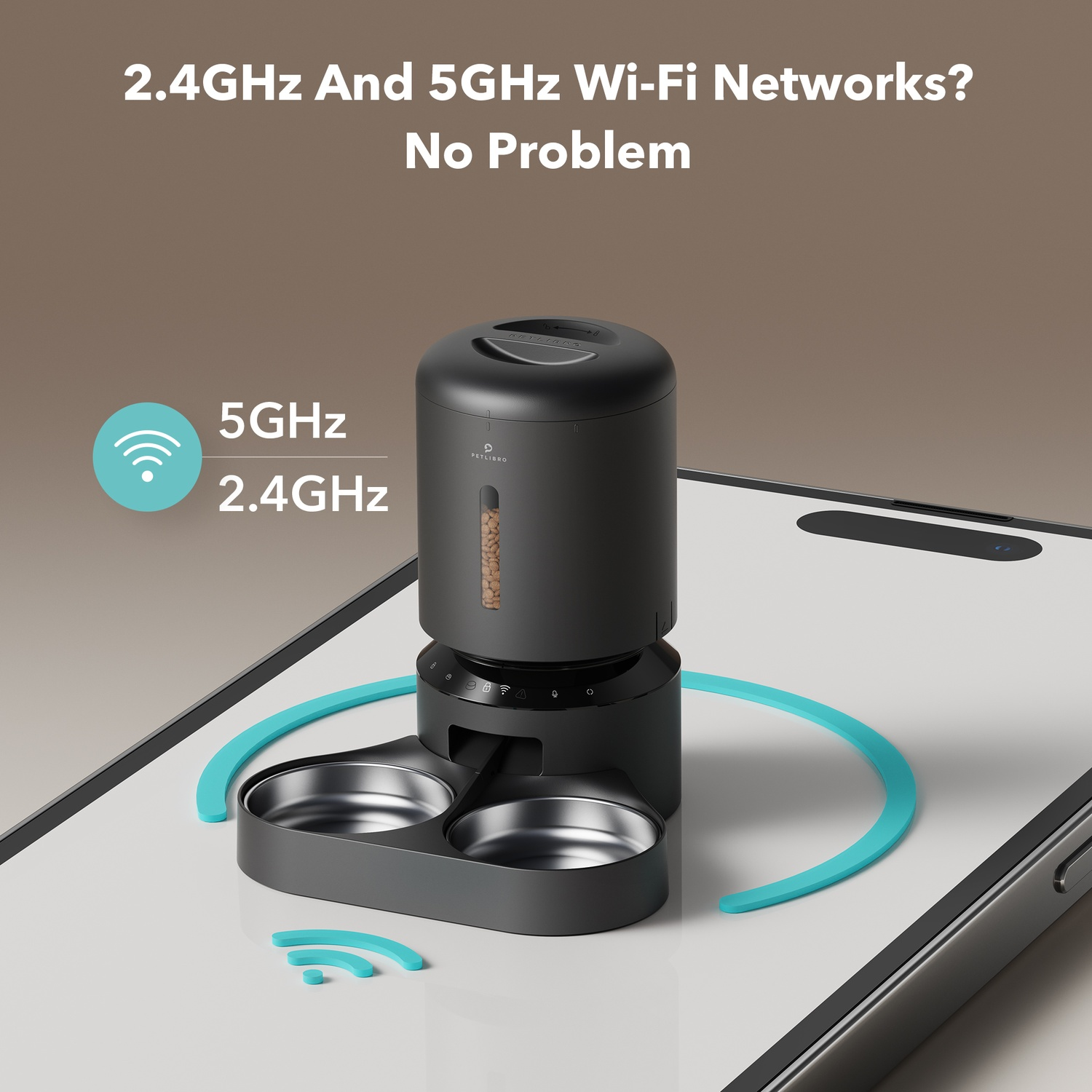 Pet food dispenser on a white surface, with Wi-Fi symbols and text about 2.4GHz and 5GHz.