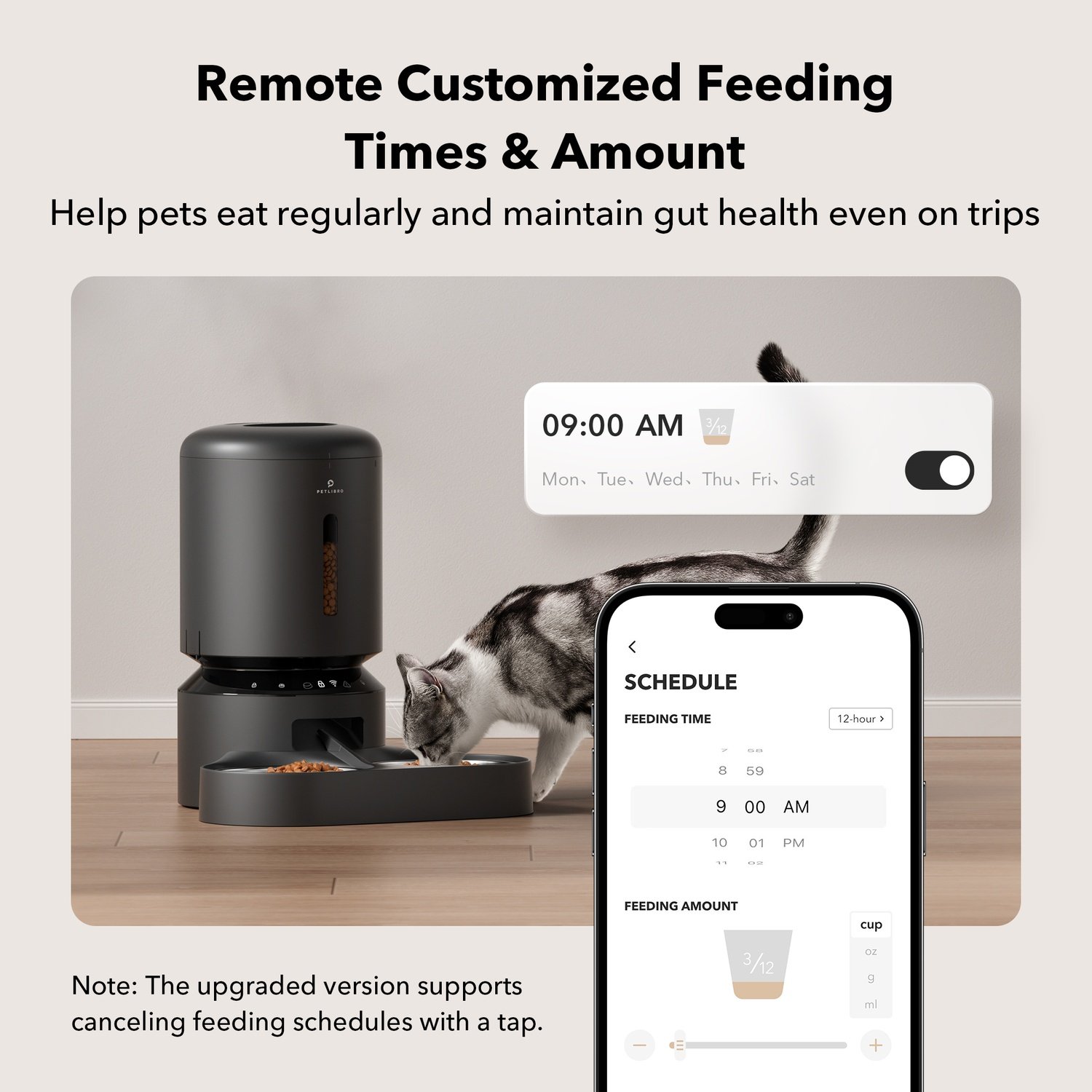 Pet food dispenser with a cat and a phone. Phone shows a feeding schedule.