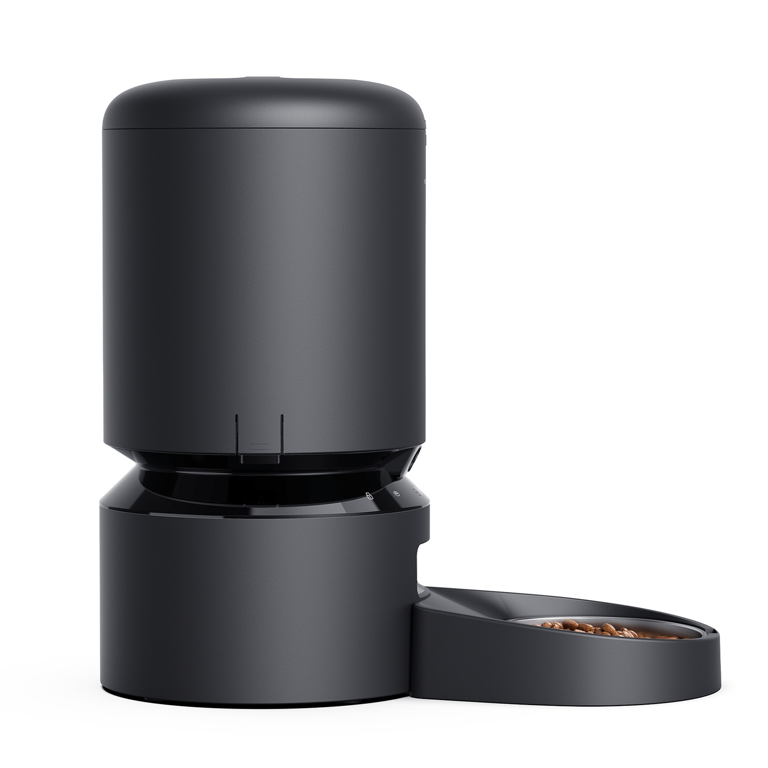 Black pet food dispenser with a food bowl and a top container.
