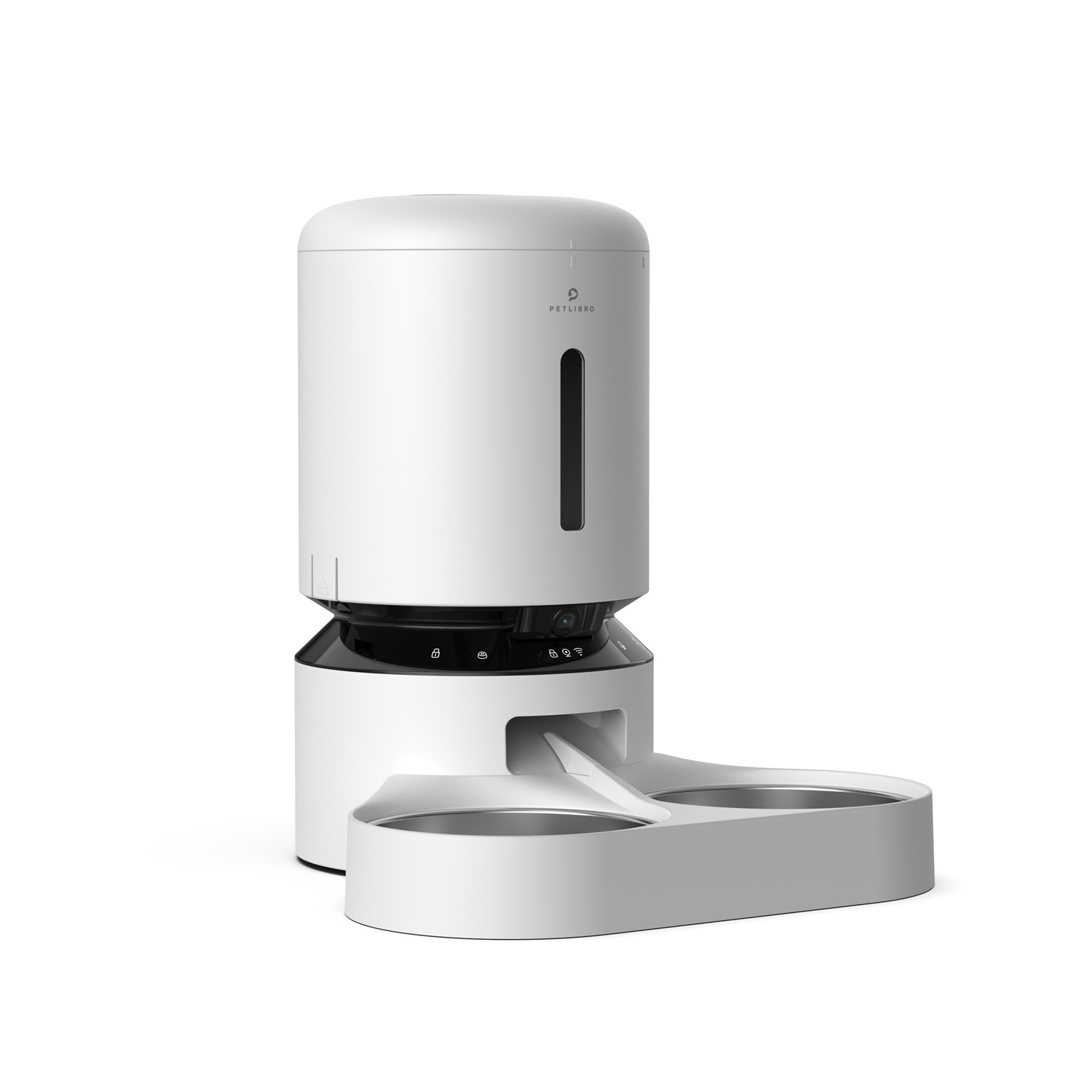 White and black pet food dispenser with two food bowls.