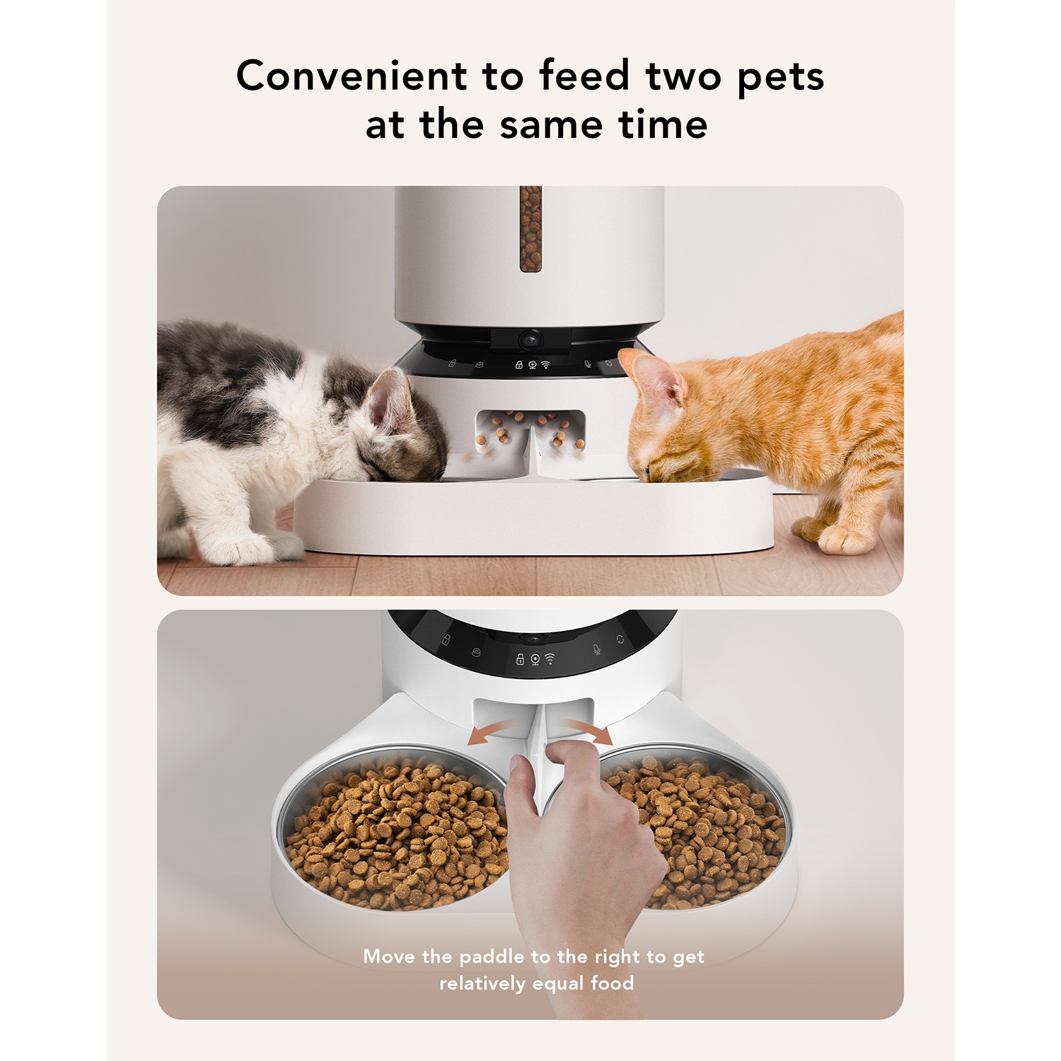 Two cats eating from a pet food dispenser with two bowls, showing the dispenser.