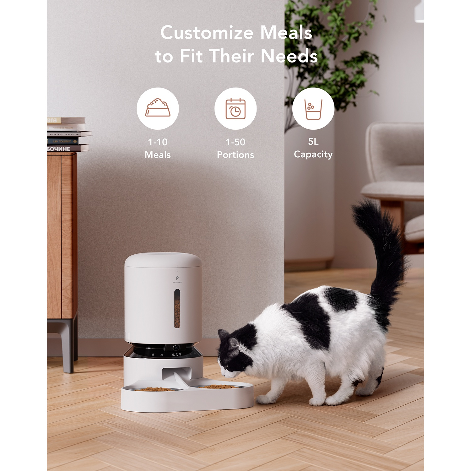 A cat eats from a white feeder. Texts about meals, portions, and capacity.