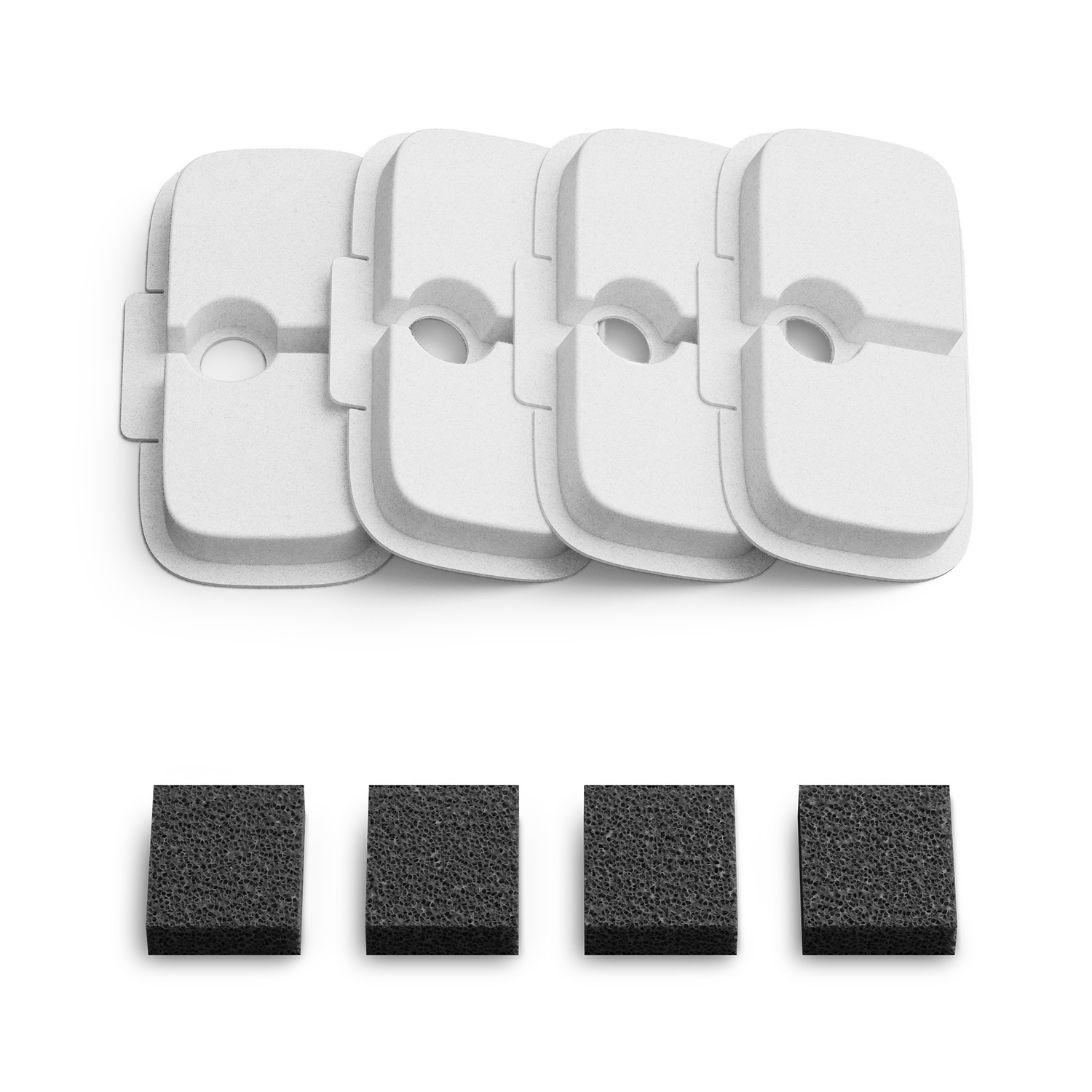 Four white and four black filters arranged on a white background.