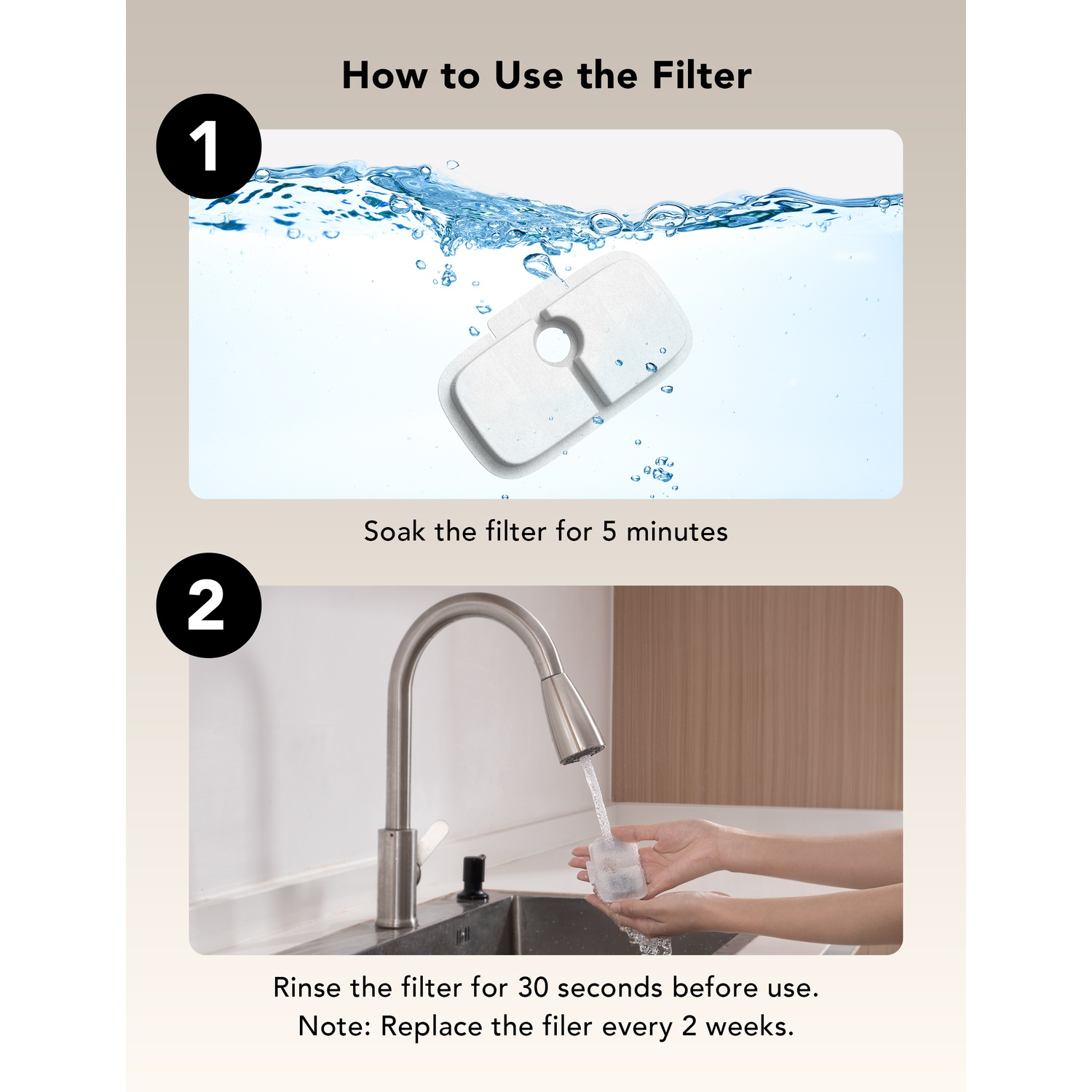 Diagram showing how to soak and rinse a pet fountain filter.