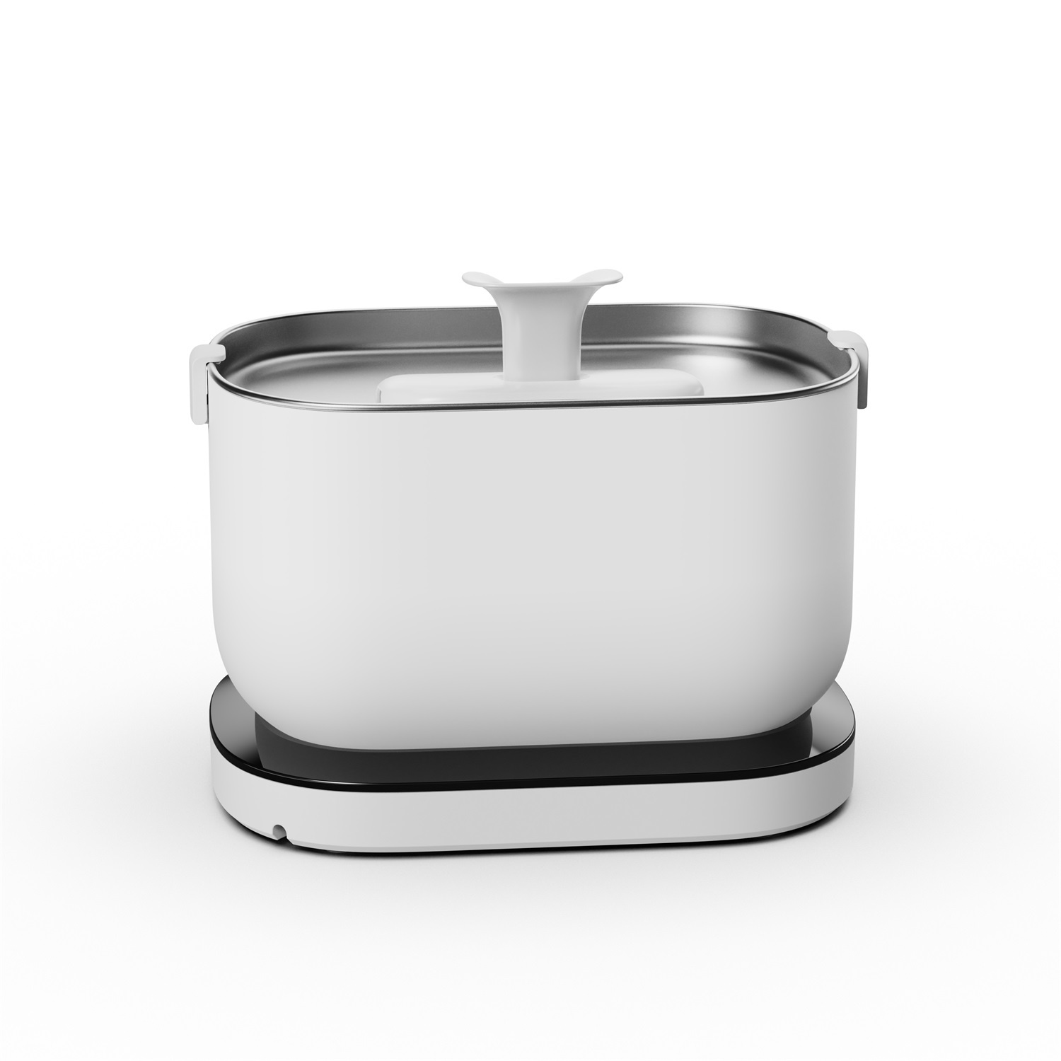 A white, square, container-like appliance on a black base. It has a handle on top.
