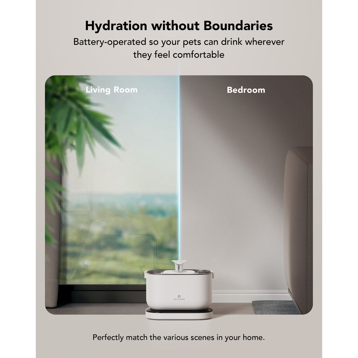 Pet water fountain with a window view, living room and bedroom text, white background.