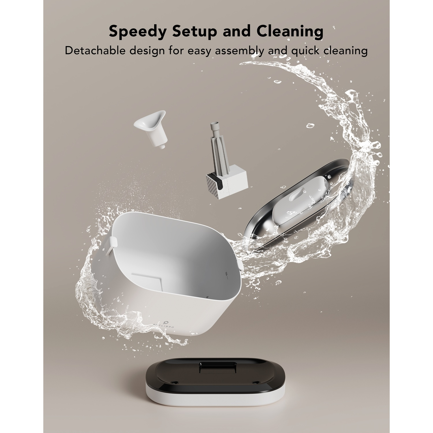 Exploded view of a pet water fountain with water splashing out.