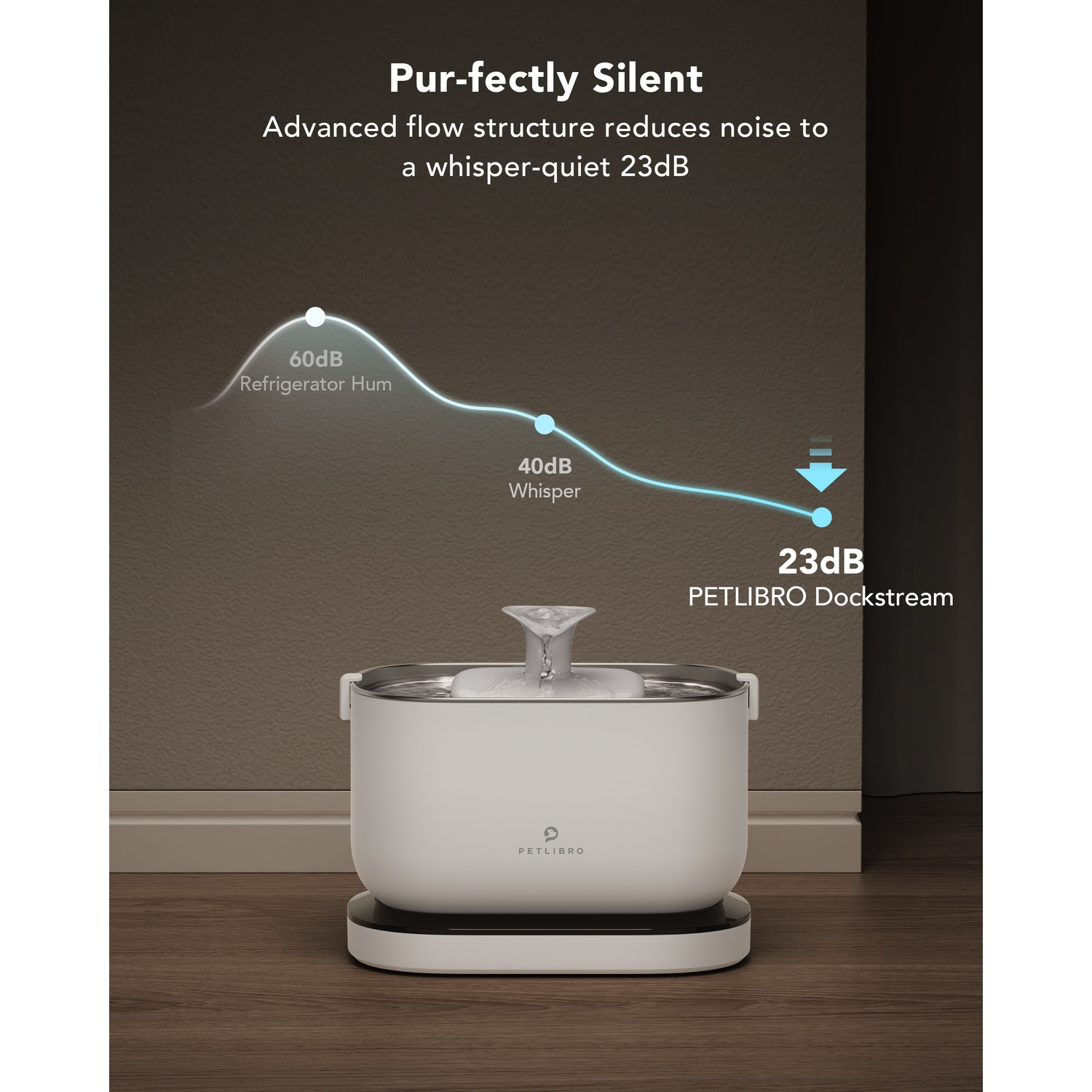 White pet water fountain, water flowing, and a diagram.
